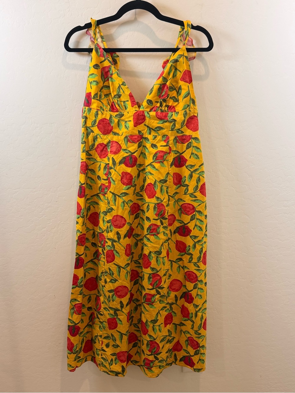 Glamorous Yellow Summer Sundress with Red Fruit Print